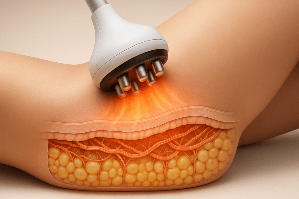 Medical visualization of cellulite treatment before and after using radiofrequency on the thigh, showing skin tightening and collagen remodeling