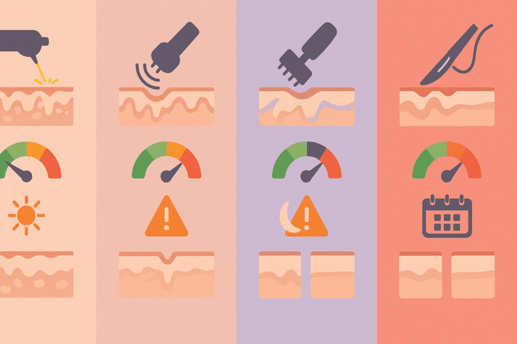 Infographic comparing cellulite treatment before and after effects of laser therapy, radiofrequency, microneedling, and surgery using icons for invasiveness, downtime, and skin outcomes