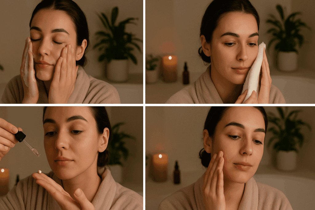 Step-by-step nighttime skincare routine showing when should you start using retinol, including cleansing, serum application, and moisturizing