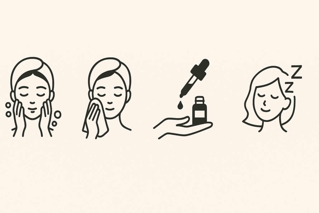 Minimalist infographic showing a four-step nighttime skincare routine for beginners, illustrating when should you start using retinol