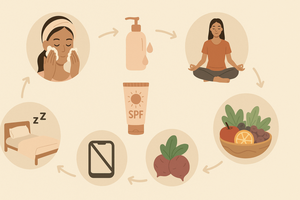Holistic teen skincare and wellness routine visual showing steps like gentle cleansing, SPF, sleep, nutrition, and mindfulness for addressing why do I have forehead wrinkles at 16.