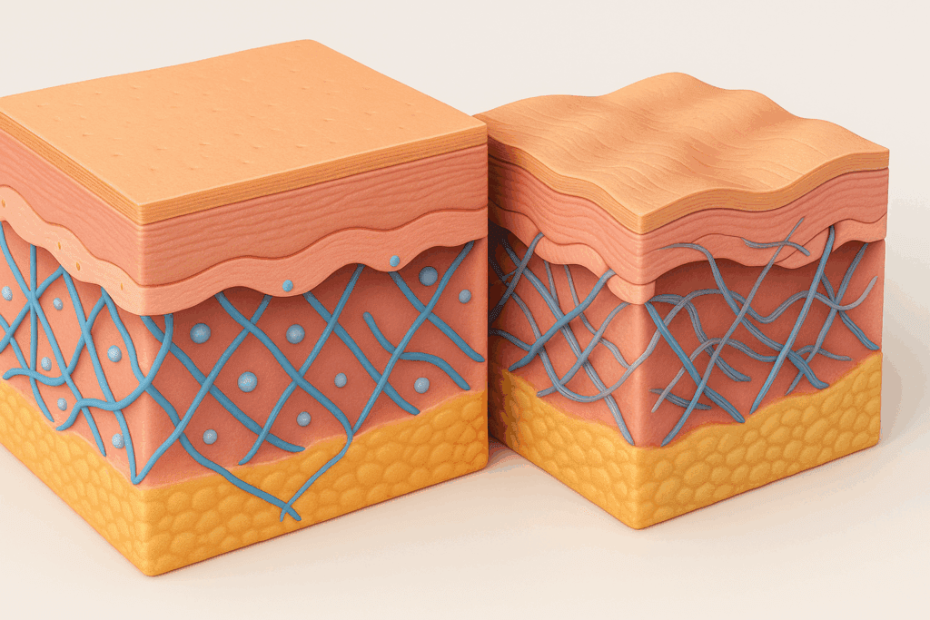 3D cross-section comparing youthful and aged skin, illustrating collagen loss and thinning dermis that explain why do I suddenly have wrinkles.