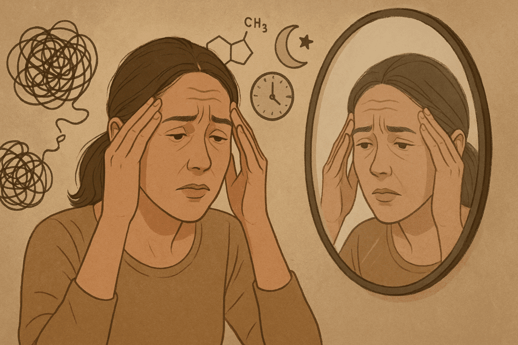 Woman examining forehead lines in mirror with visual metaphors of stress, symbolizing causes behind why do I suddenly have wrinkles.
