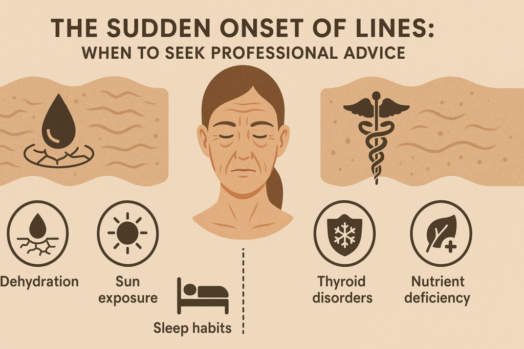 Infographic comparing cosmetic and medical causes to explain why do I suddenly have wrinkles, using icons and skin texture visuals