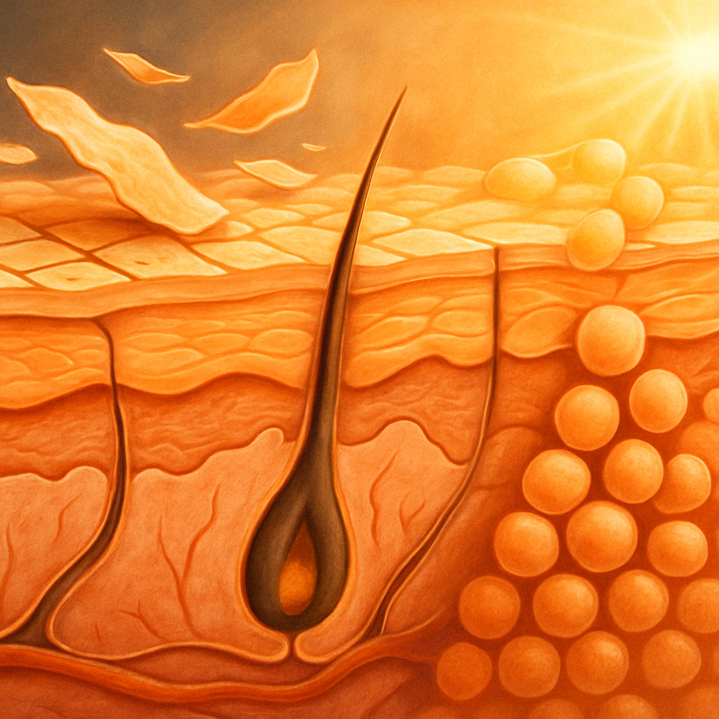 Cross-sectional skin illustration showing retinol’s cellular effects—old cells shedding, pores unclogging, and new growth—explaining why does retinol cause acne during early use.