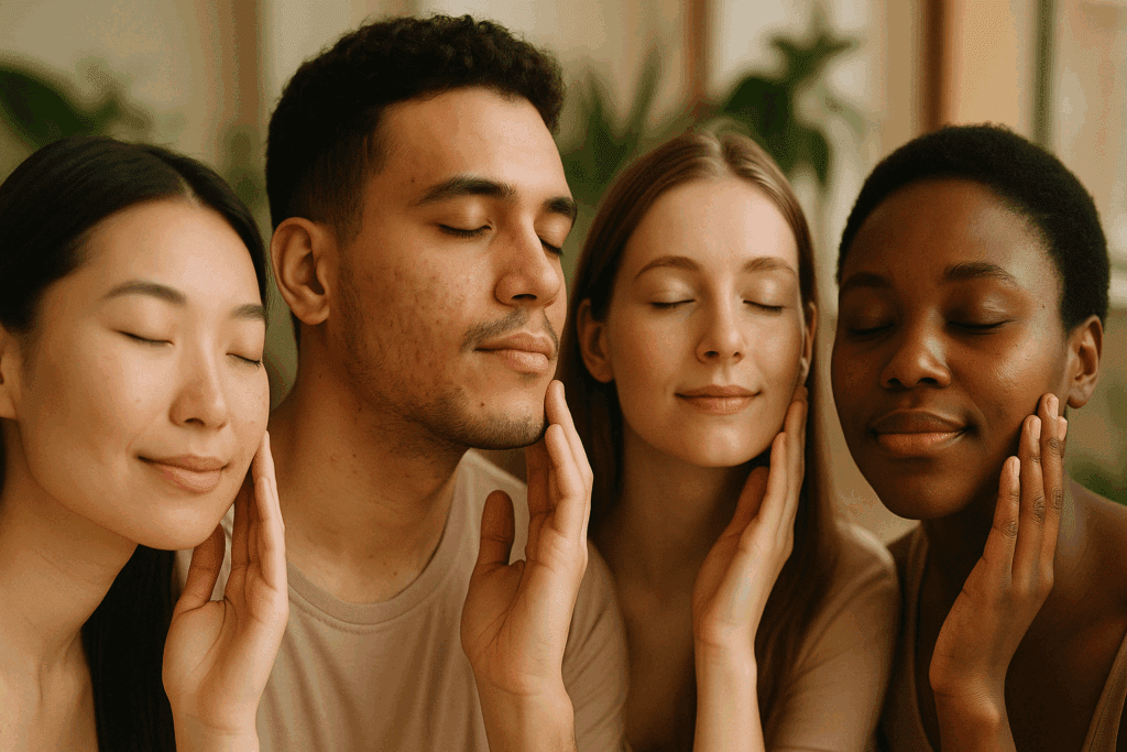 Diverse group of people with various skin tones gently touching their faces in a wellness setting, representing skin progress and the question why does retinol cause acne.