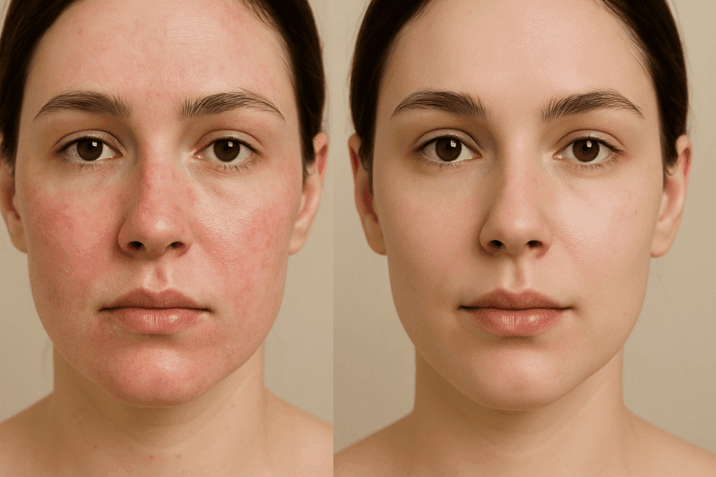 Side-by-side comparison of a woman’s face showing irritated, red, flaky skin from retinol on one side and calm, healthy skin on the other, illustrating why does retinol cause acne.