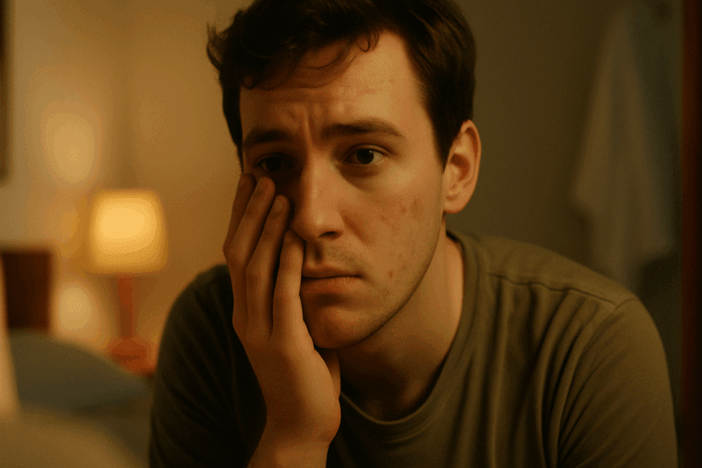 Young man with blemished skin gazing into a mirror, illustrating emotional impact and raising the question why does retinol cause acne.
