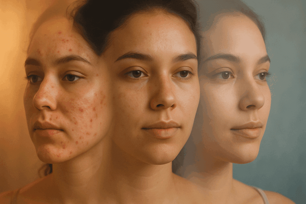 Time-lapse concept of a woman’s face progressing from breakouts to clear skin, symbolizing skin purging and healing stages related to why does retinol cause acne.