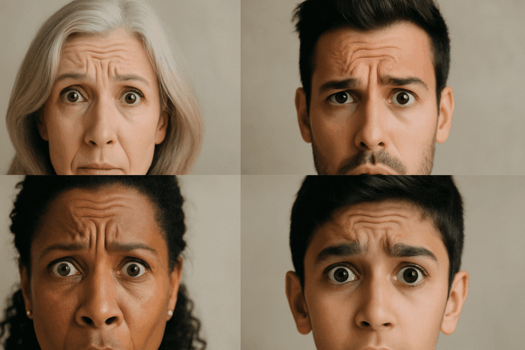 Diverse group of people showing forehead wrinkles when raising eyebrows, highlighting natural expression lines across ages and skin tones.