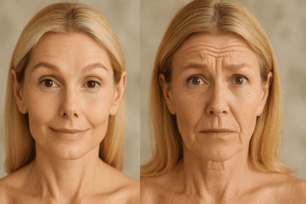 Side-by-side comparison of two women showing the effects of forehead wrinkles when raising eyebrows, one with smooth skin and one with pronounced lines