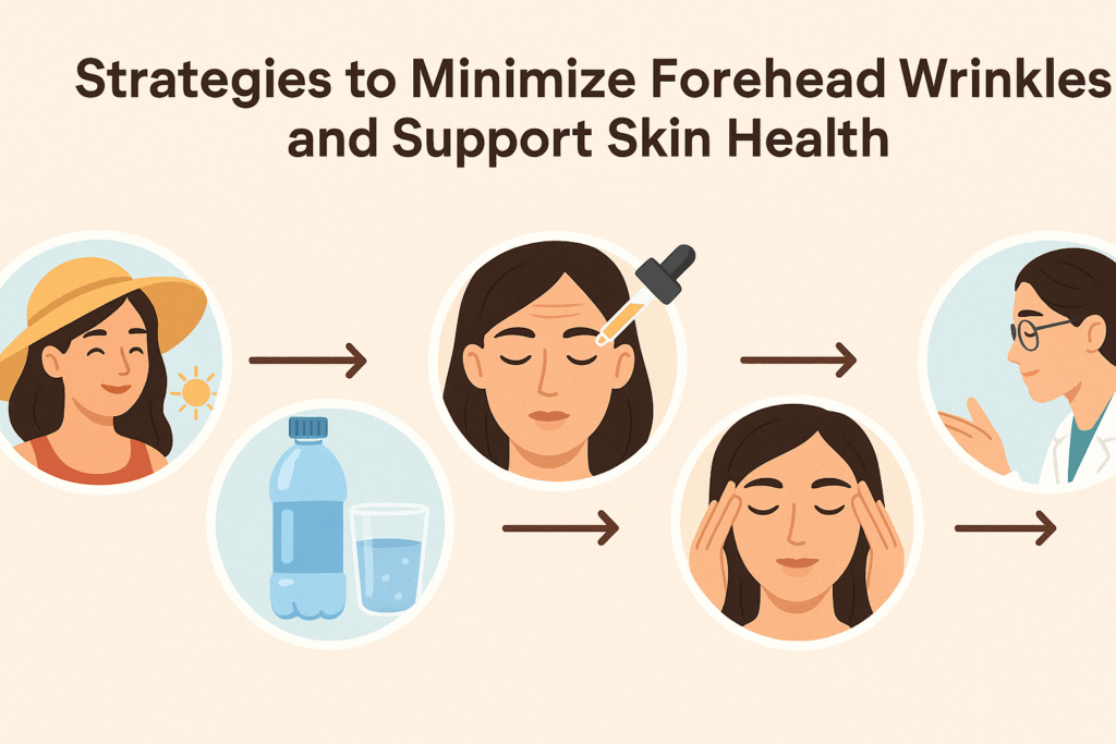 Visual infographic showing five strategies to reduce forehead wrinkles when raising eyebrows, including sun protection, hydration, retinoid use, facial massage, and dermatologist consultation