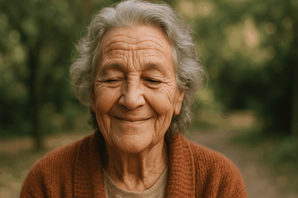 Elderly woman smiling peacefully outdoors with visible forehead wrinkles when raising eyebrows, captured in warm natural light.