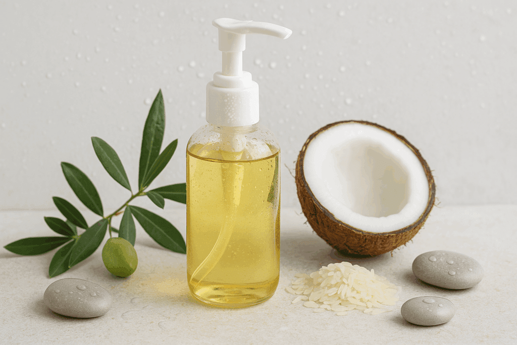 Clear pump bottle of oil-based cleanser surrounded by olive leaves, coconut, rice, and smooth pebbles in a spa-like setting, representing Step 1 in a 10 step Korean skin care kit for deep cleansing and hydration.