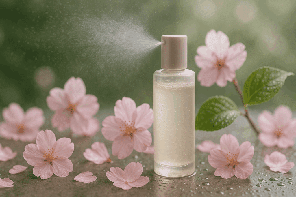 Step 5 of the 10 step Korean skin care kit featuring a hydrating essence bottle misting delicate cherry blossom petals and dew-covered leaves, symbolizing deep skin hydration and rejuvenation