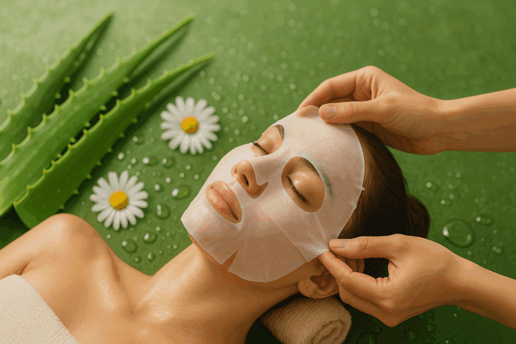 Step 7 of a 10 step Korean skin care kit, featuring a hydrating sheet mask application surrounded by aloe leaves, chamomile flowers, and water droplets for deep moisture infusion