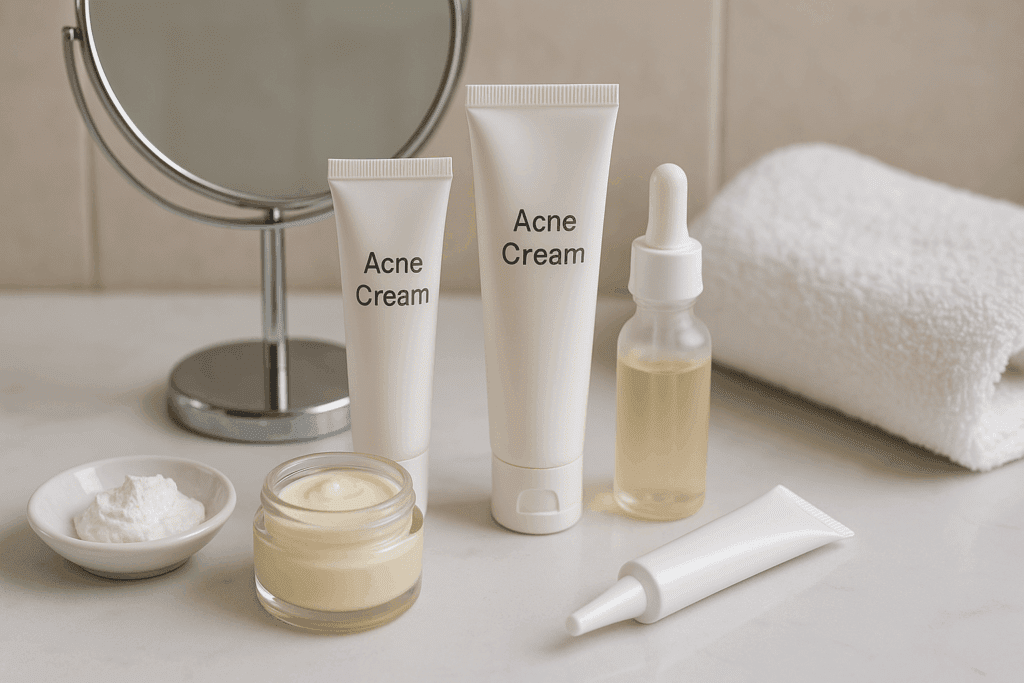 Bathroom counter with pimple creams, resorcinol serum, zinc oxide paste, and sulfur cream arranged for acne treatment for sensitive skin