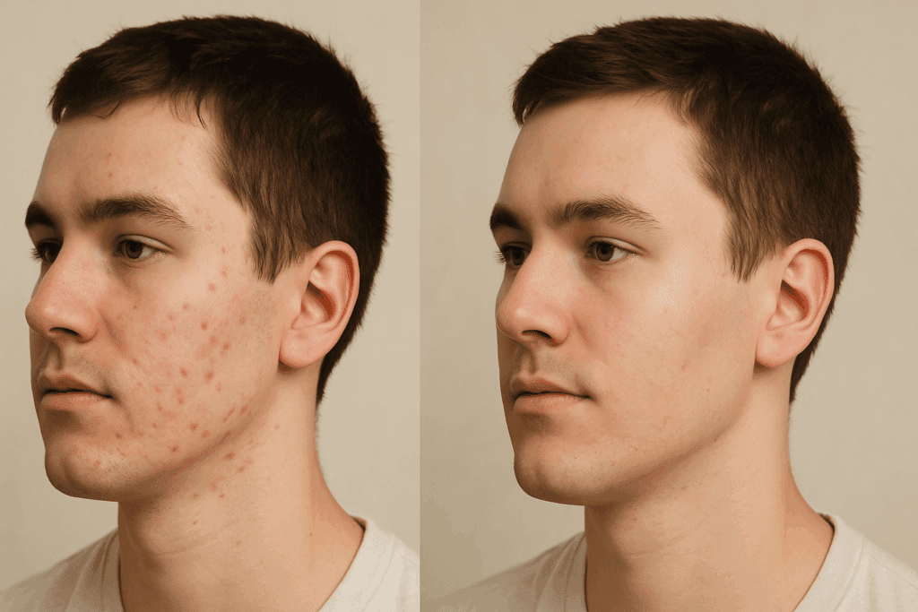 Side-by-side comparison of the same young man showing visible acne on the left and clearer skin on the right after benzoyl peroxide before and after treatment.