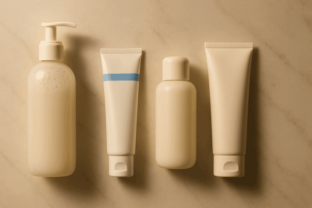 Flat lay of a nighttime skincare routine with gentle cleanser, benzoyl peroxide tube, moisturizer, and sunscreen on marble, illustrating benzoyl peroxide before and after care.