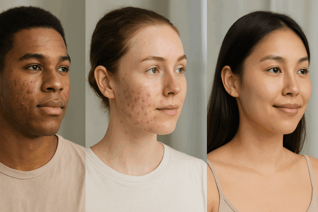 Three individuals of different ethnicities and skin types showing benzoyl peroxide before and after acne treatment results in natural daylight