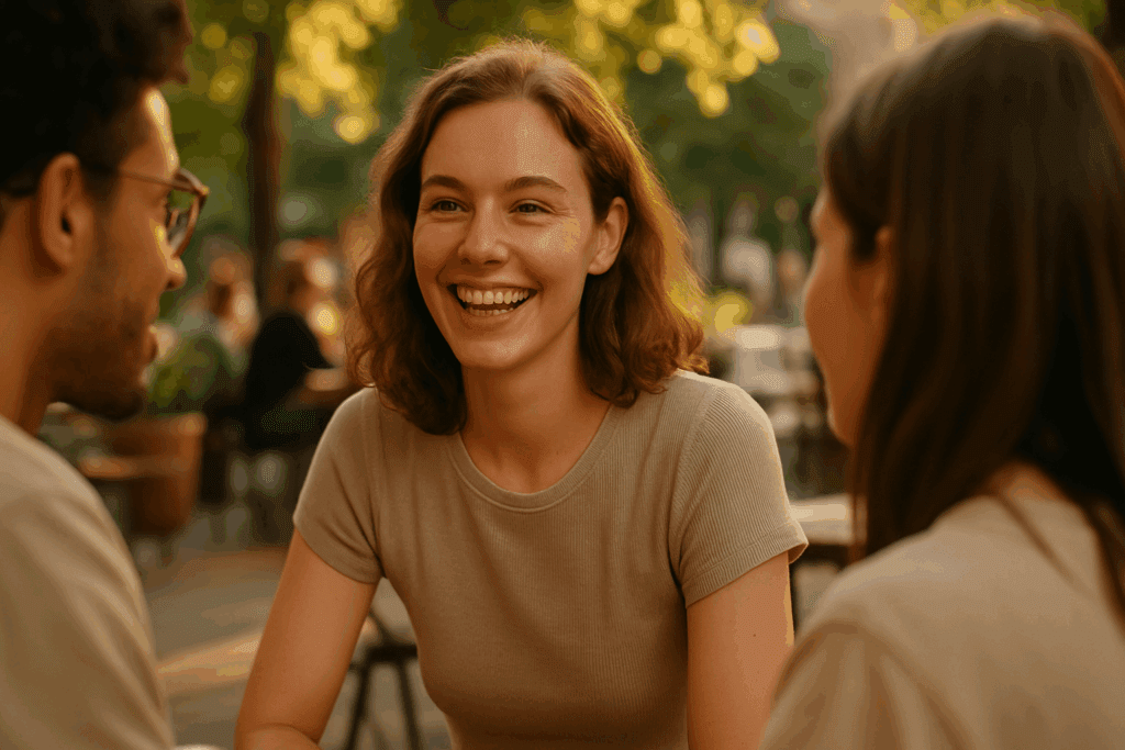 Smiling young woman with clear, makeup-free skin socializing at a sunny café, representing benzoyl peroxide before and after confidence.