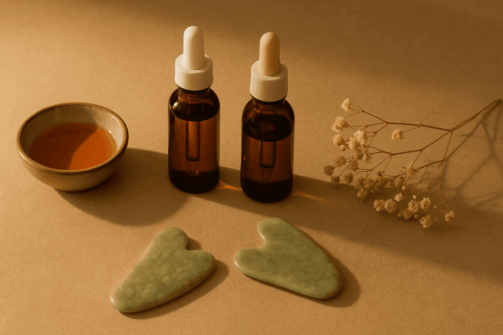 Botanical serums, jade gua sha tools, and rosehip oil arranged on a warm-toned surface, illustrating step two of a 3 step face care ritual.