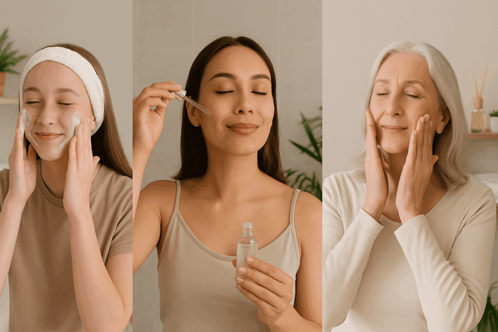 Three women in different life stages each practicing a 3 step face care routine—teen using cleanser, adult applying serum, and senior massaging moisturizer.