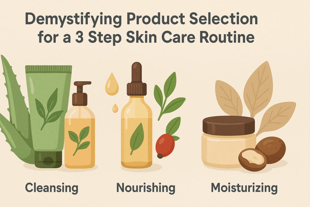 Botanical-themed infographic illustrating a 3 step face care routine with natural cleansers, plant-based serums, and nourishing moisturizer
