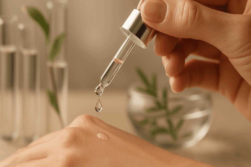 Dropper releasing serum onto hand with botanical test tubes in background, illustrating a 5 step skincare routine's targeted treatment phase.
