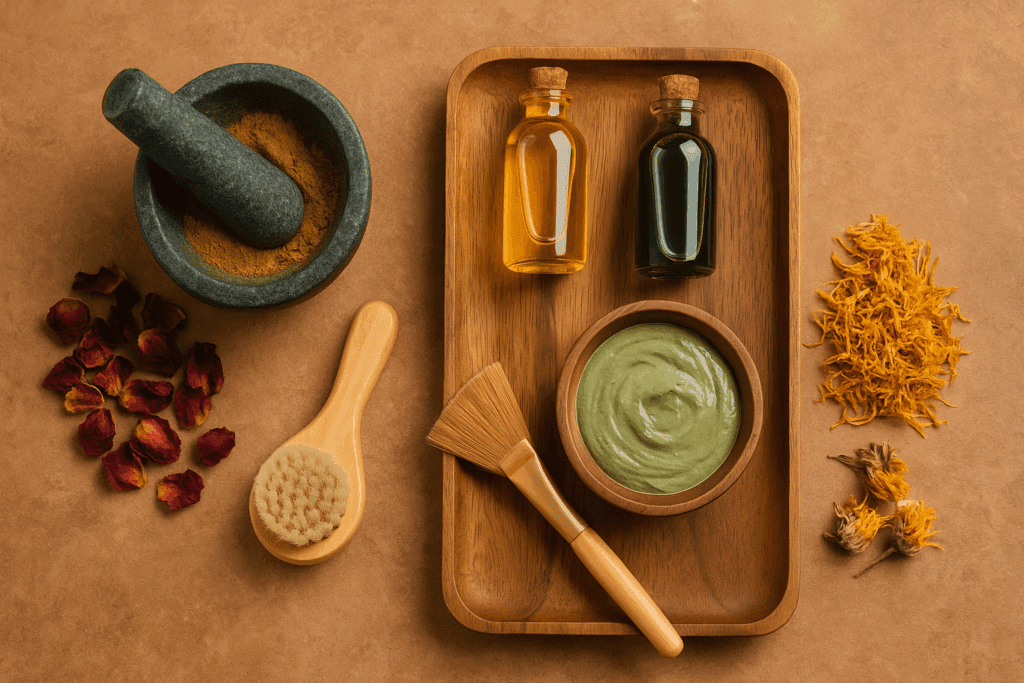 Herbal oils, clay mask, natural brushes, and dried flowers on a wooden tray symbolize Ayurvedic elements in a 5 step skincare routine