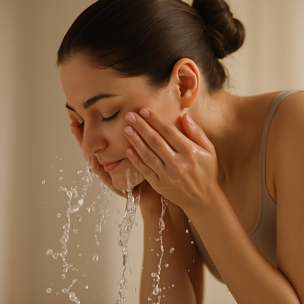 Woman gently cleansing her face with water splashes in slow motion, symbolizing purity and renewal as part of the 7 step skincare routine
