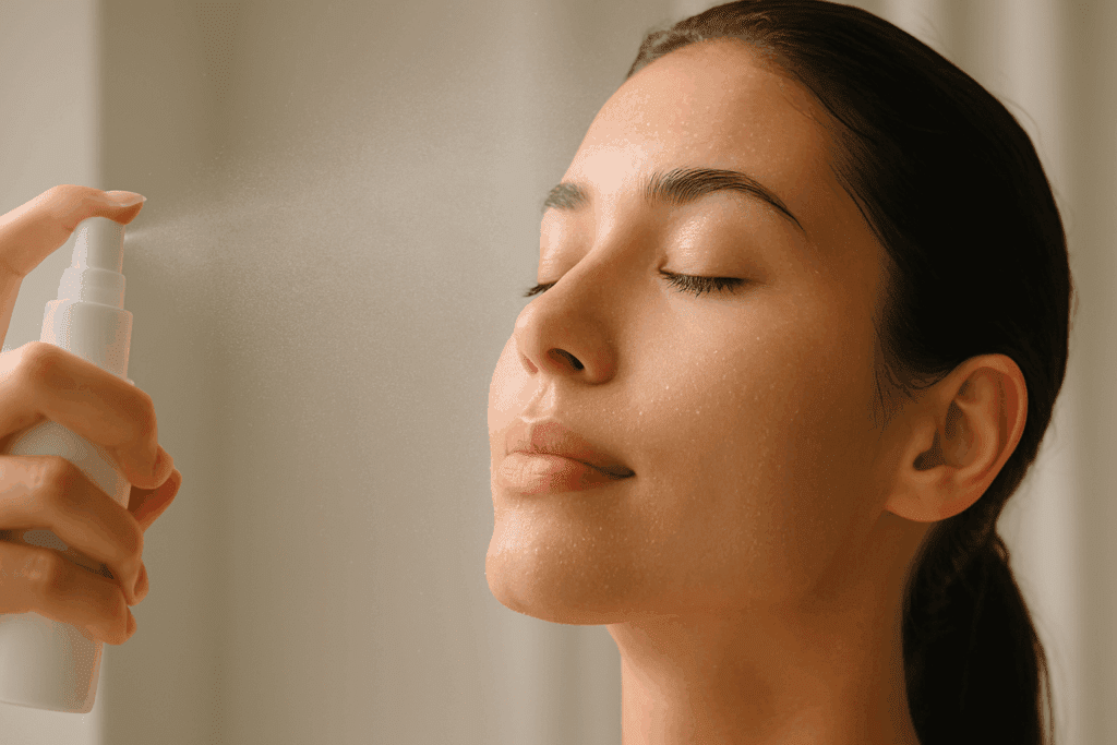 Misty spray of toner dispersing mid-air over hydrated skin, representing the refreshment and balancing effects in a 7 step skincare routine