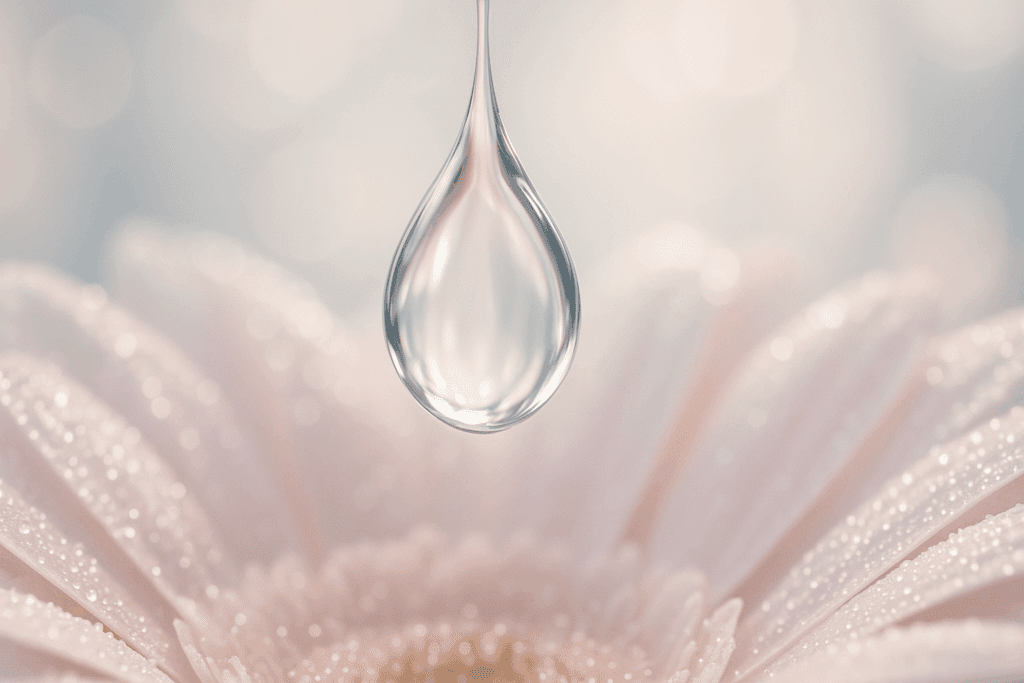 Crystal-clear droplet of essence suspended above dewy petals, symbolizing deep hydration in a 7 step skincare routine.