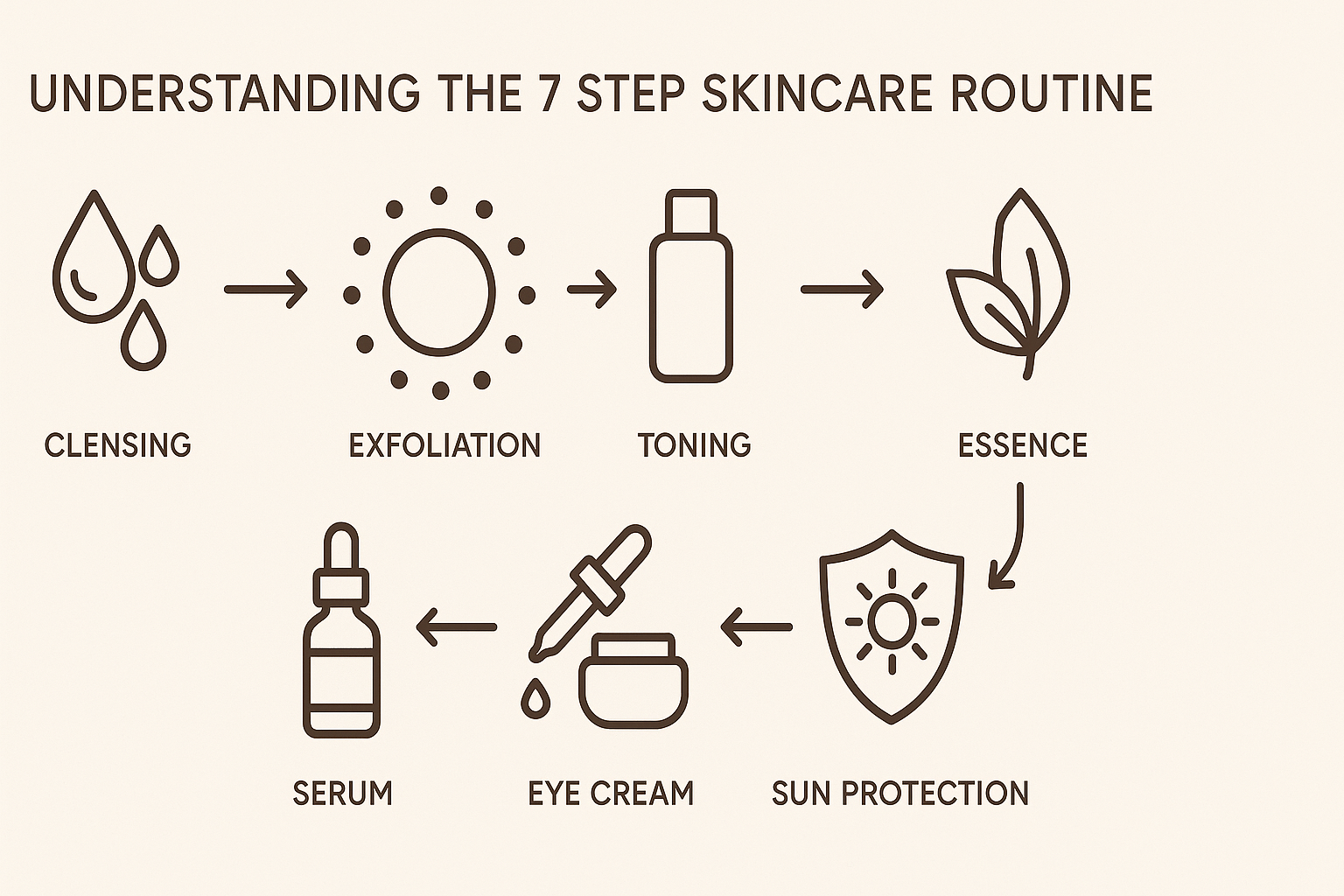 Infographic diagram visually outlining the 7 step skincare routine with minimalist icons for cleansing, exfoliation, toning, essence, serum, eye cream, and sun protection.