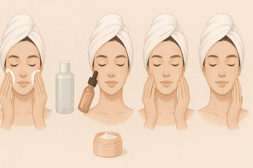 Step-by-step visual of an AM skincare routine featuring cleanser, toner, serum, moisturizer, and sunscreen, illustrating a transformation from dull to radiant skin