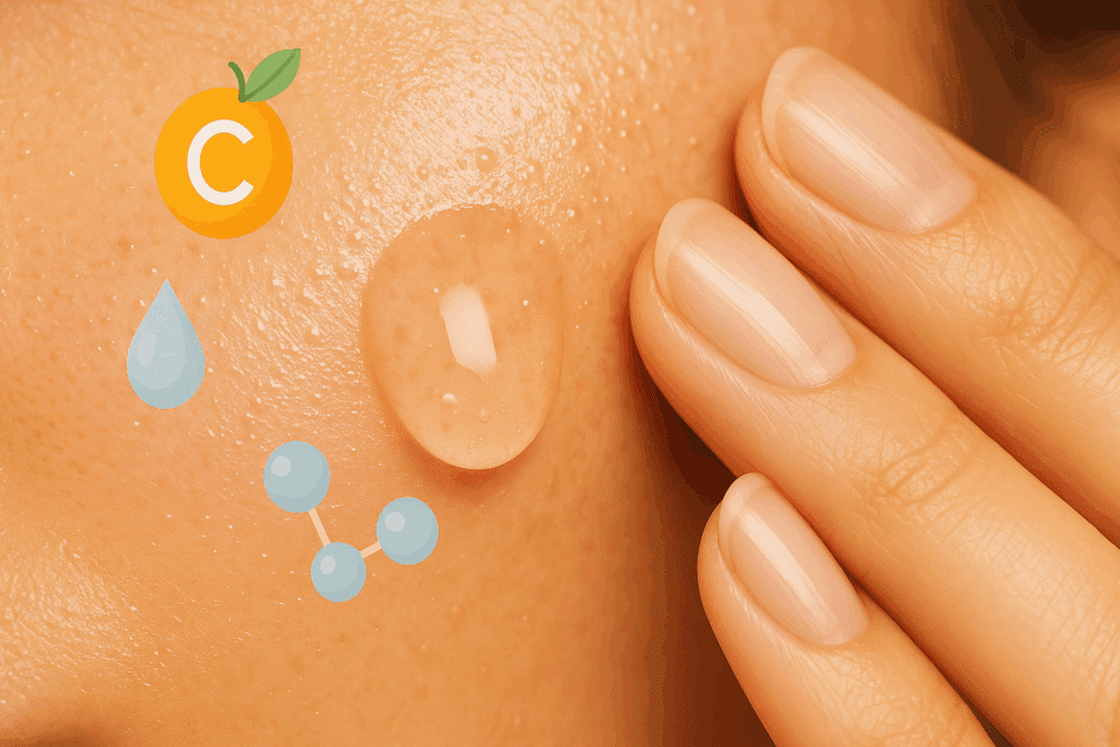 Serum droplets being gently pressed into hydrated skin during an AM skincare routine, featuring Vitamin C, hyaluronic acid, and peptides for targeted treatment