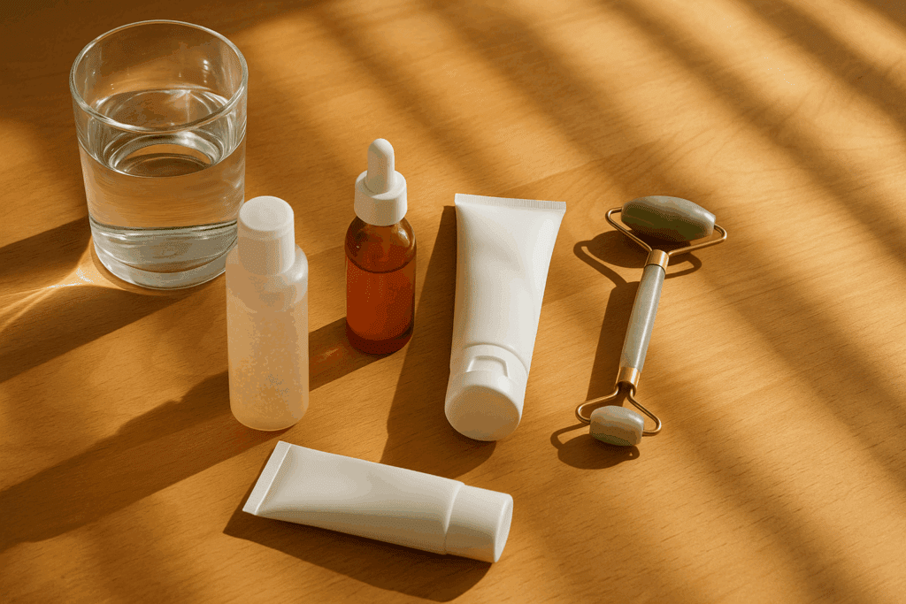 Morning flatlay with gel cleanser, antioxidant serum, moisturizer, SPF, jade roller, and water, illustrating an am and pm skincare routine.