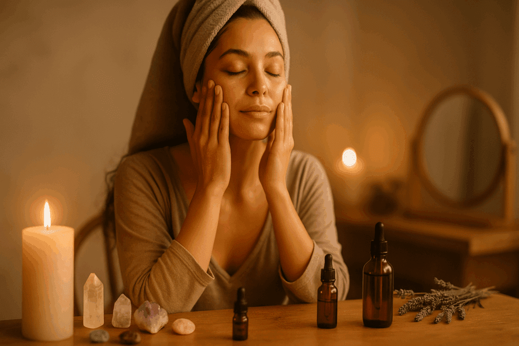 Woman practicing her am and pm skincare routine, gently massaging facial oil at a candlelit vanity with crystals, lavender, and essential oils.
