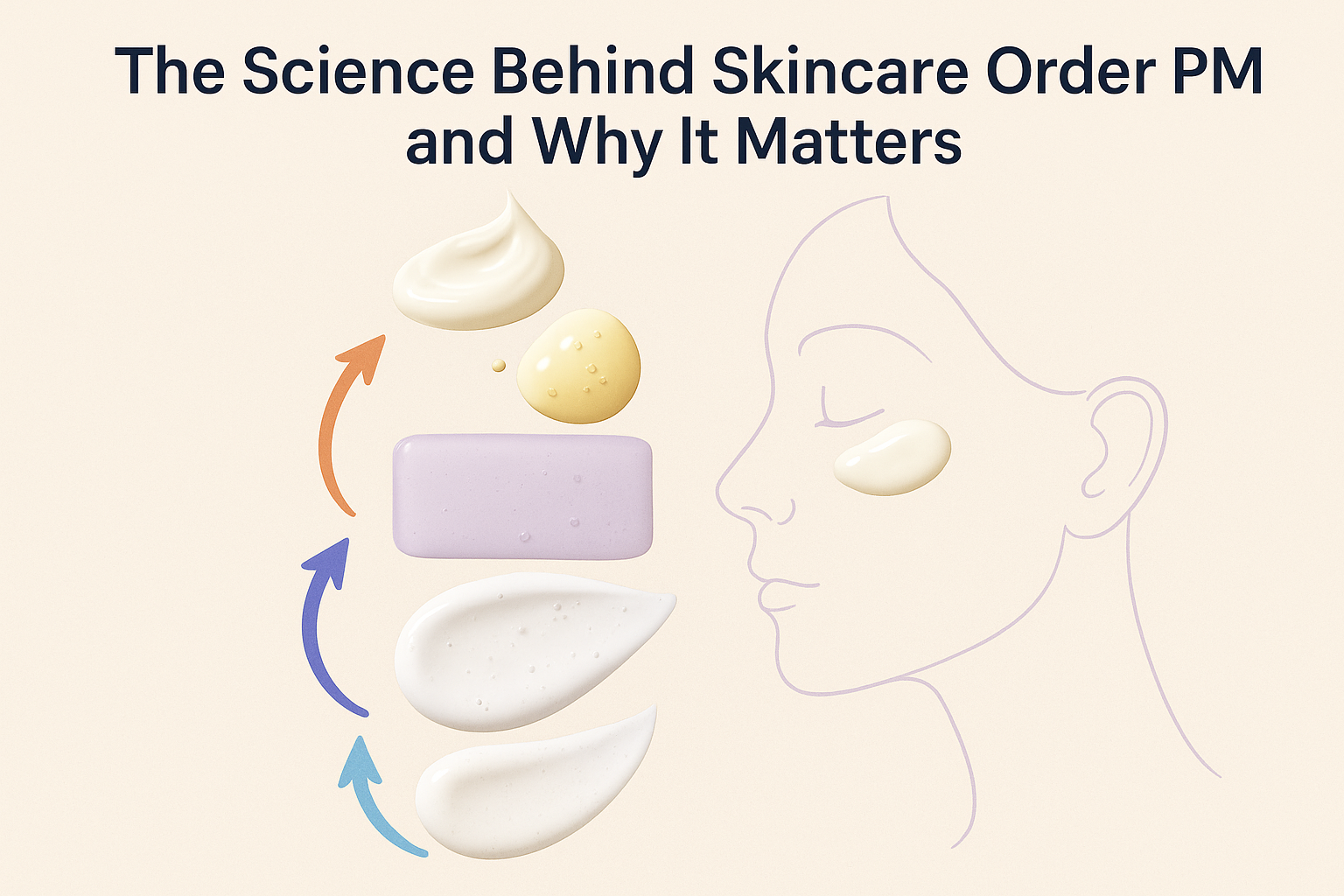 Visual infographic showing proper layering steps in an am and pm skincare routine, featuring cleanser, toner, serums, eye cream, and moisturizer on a face outline.