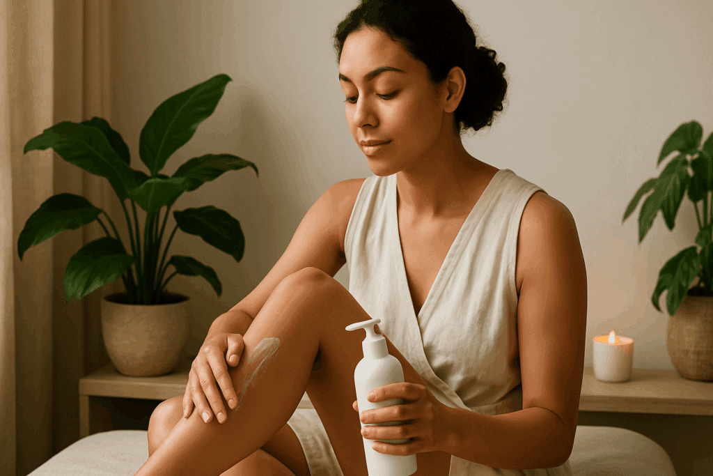 Mindful body care routine steps featuring a woman massaging lotion onto her skin in a serene, minimalist setting with soft lighting and greenery