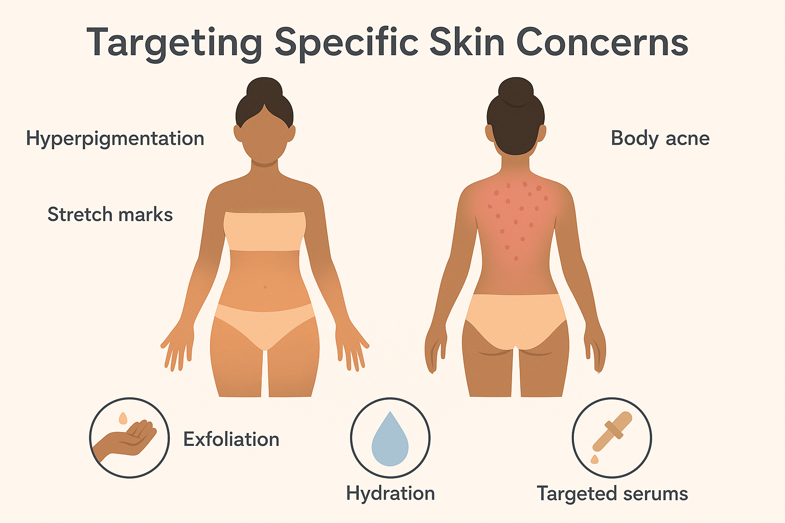 Infographic illustrating a body skincare routine with targeted treatments for common skin concerns like hyperpigmentation, stretch marks, and body acne, highlighting exfoliation, hydration, and serums for optimal skin health