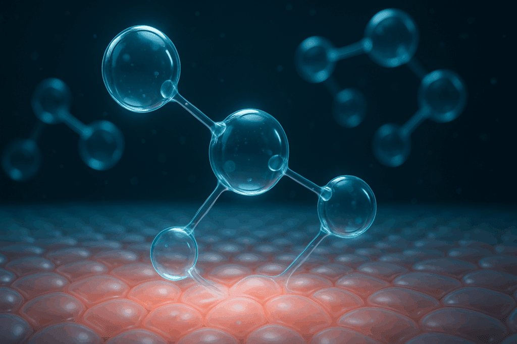 "Close-up visualization of retinol molecules interacting with skin cells, illustrating cellular turnover and collagen stimulation, ideal for understanding retinol before or after toner application