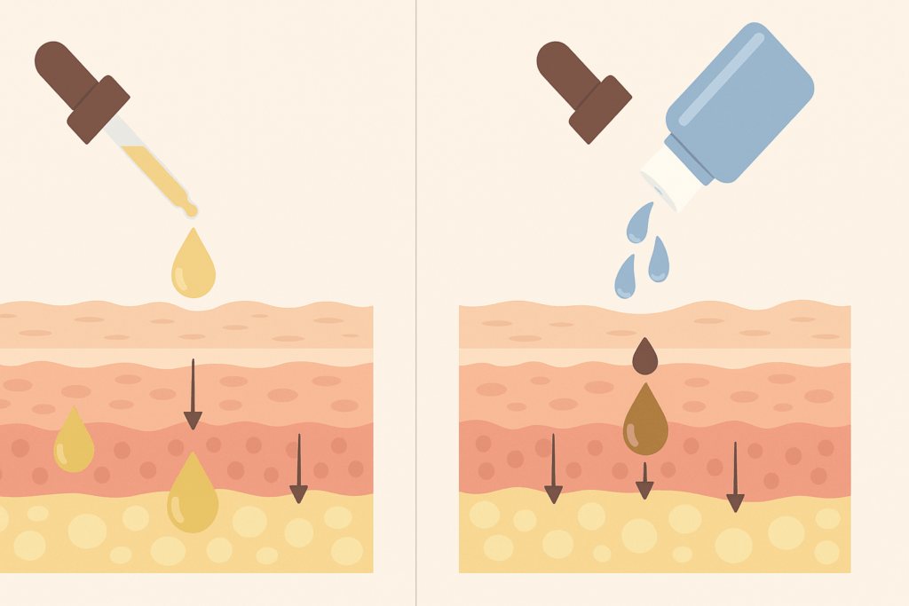 Split-view infographic showing the effects of applying retinol before or after toner, illustrating product absorption differences on the skin