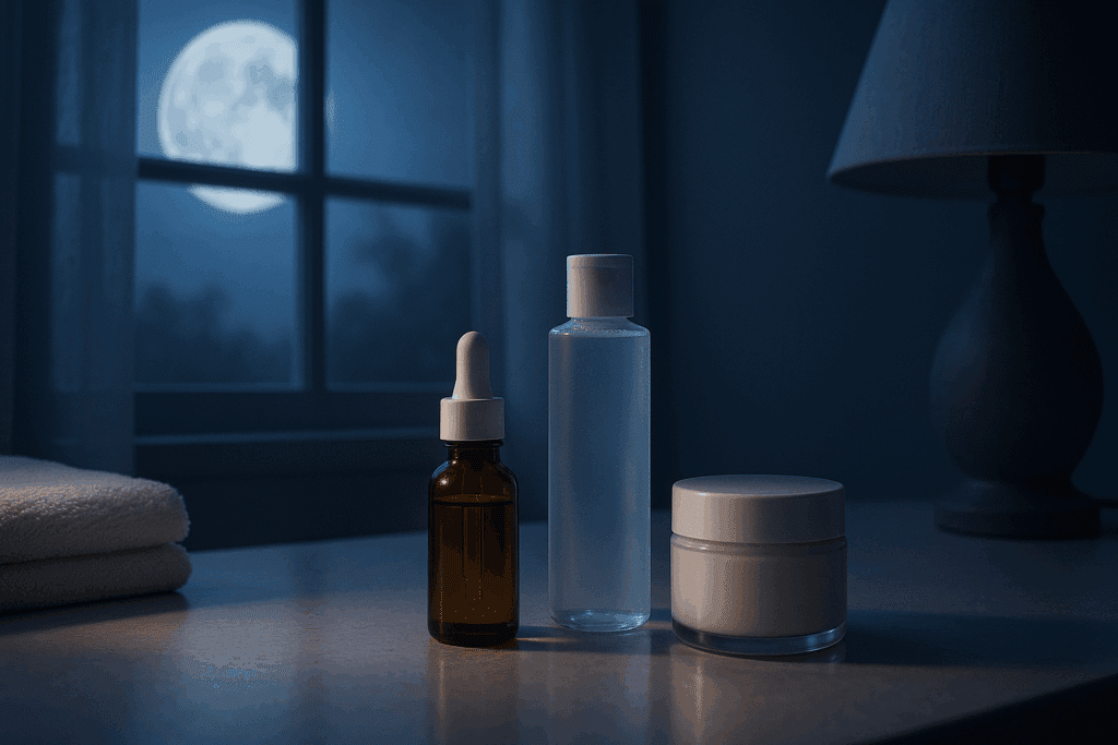 Dreamy nighttime skincare setup with retinol, toner, and moisturizer neatly arranged on a vanity under soft moonlight, illustrating the ideal order of applying retinol before or after toner for a calming evening routine