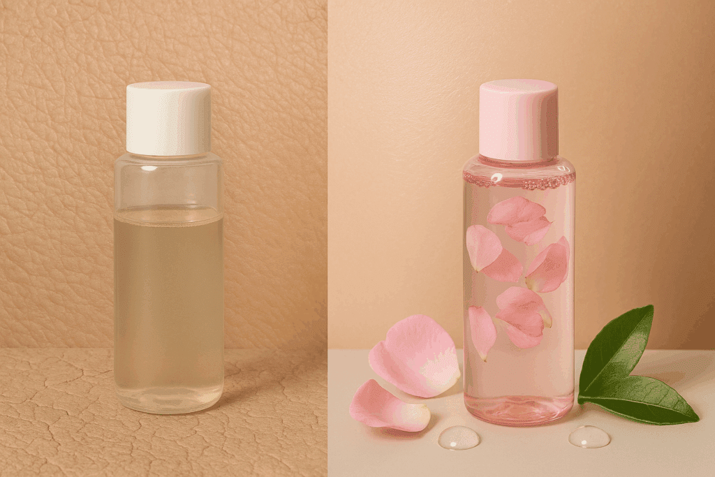 Comparison of using toner morning and night: traditional alcohol-based toner causing dry skin versus modern hydrating toner enriched with botanical extracts like rose petals and green tea for smooth, dewy skin