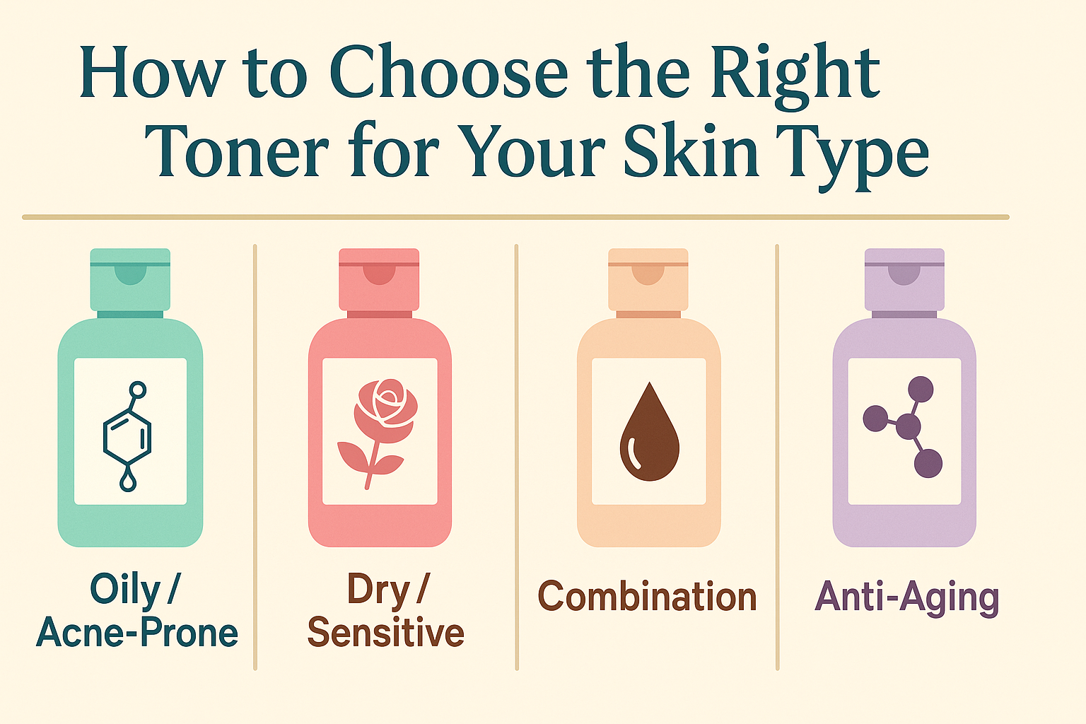 Infographic categorizing toners for different skin types—oily, dry, combination, and anti-aging—to highlight the benefits of using toner morning and night for optimal skincare
