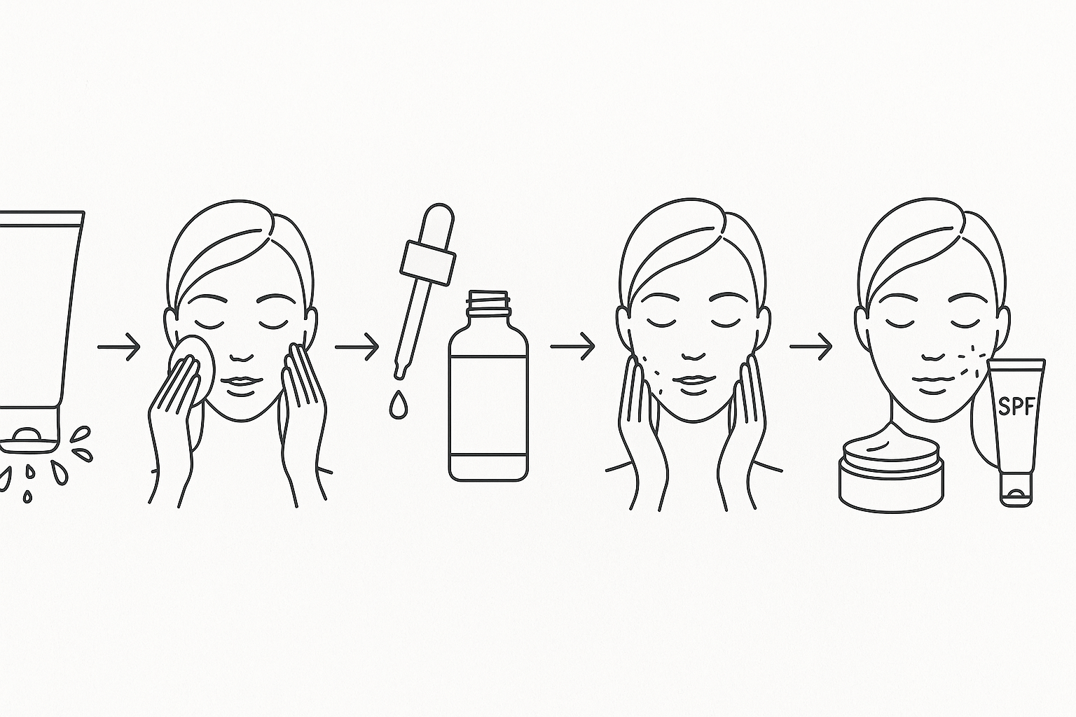 Step-by-step skincare routine for using toner morning and night, featuring cleanser, toner, serum, moisturizer, and SPF application in a clean, minimalist flow