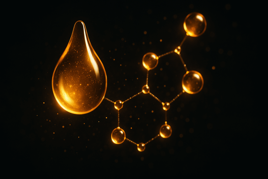 Macro shot of glowing retinol serum droplets with golden luminosity, symbolizing anti-aging benefits in a nighttime skincare routine with retinol, set against a dark, luxurious background with molecular structures subtly illustrated