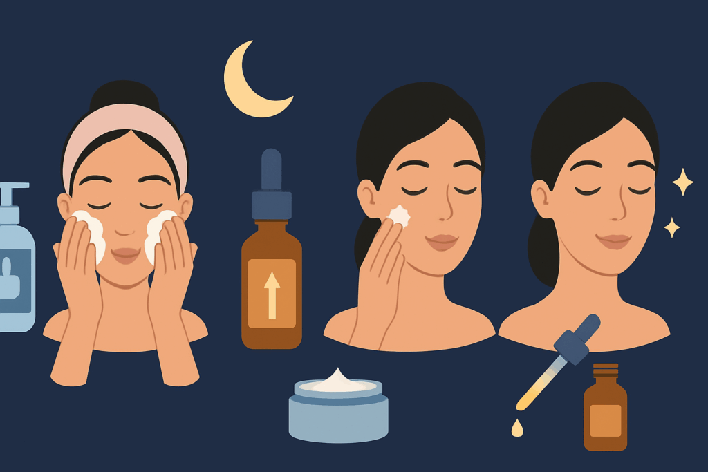Infographic illustrating the steps of a nighttime skincare routine with retinol, featuring cleansing, retinol application, moisturizing, and facial oil sealing in a minimal, icon-based design