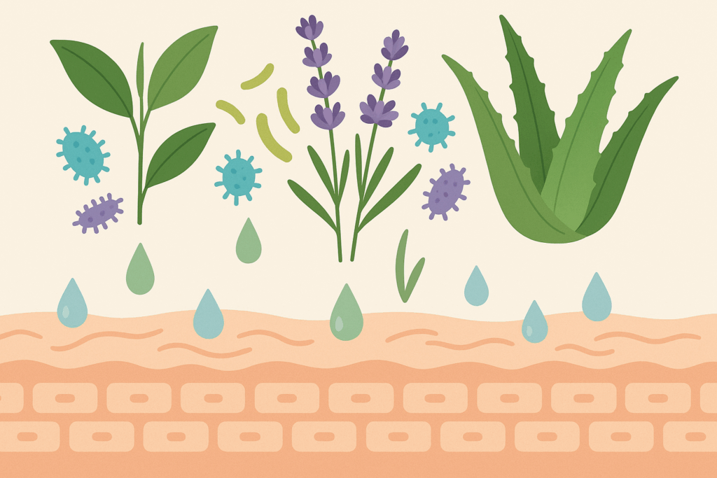 Illustration of a natural skincare routine showing plant-based ingredients like green tea, lavender, and aloe vera interacting with skin layers and healthy microbes.
